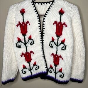 Floral Knit Women's Sweater - White and Red